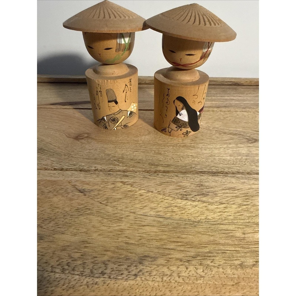 VTG Pair of 2 Japanese Wooden Kokeshi Nodder Head Dolls -Hand Painted